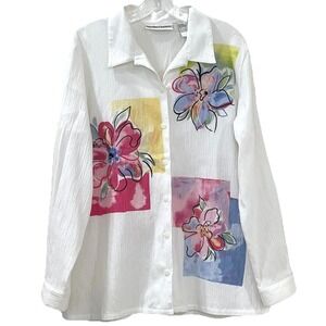 Drapers & Damons Womens Blouse L White Floral Crinkle Embroidery Beads See Notes